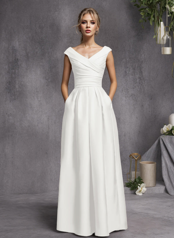A-Line V-Neck Sleeveless Floor-Length Satin Bridesmaid Dresses With Ruffle