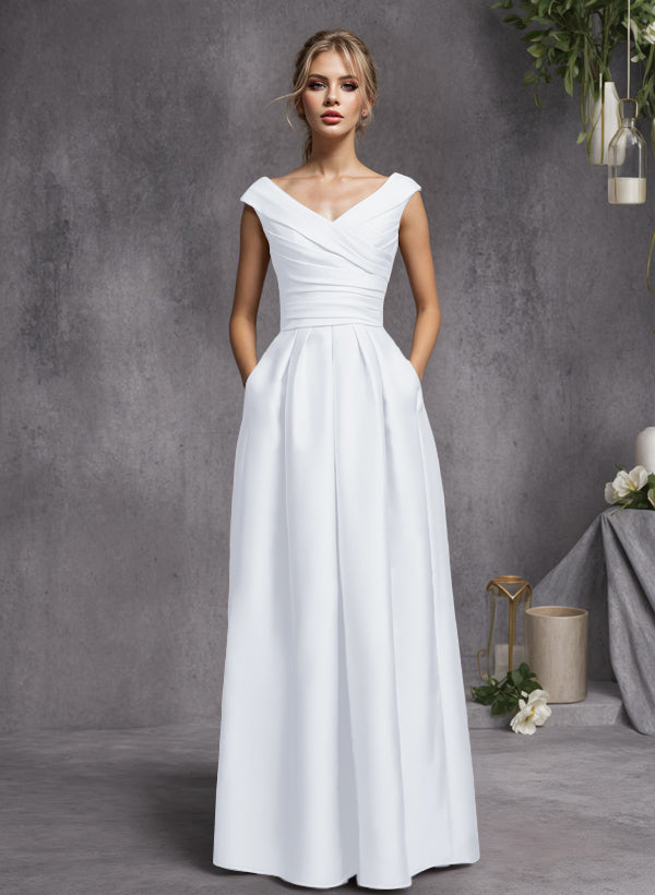 A-Line V-Neck Sleeveless Floor-Length Satin Bridesmaid Dresses With Ruffle
