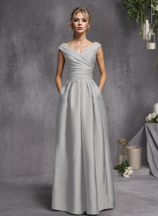 A-Line V-Neck Sleeveless Floor-Length Satin Bridesmaid Dresses With Ruffle
