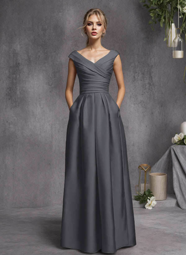 A-Line V-Neck Sleeveless Floor-Length Satin Bridesmaid Dresses With Ruffle