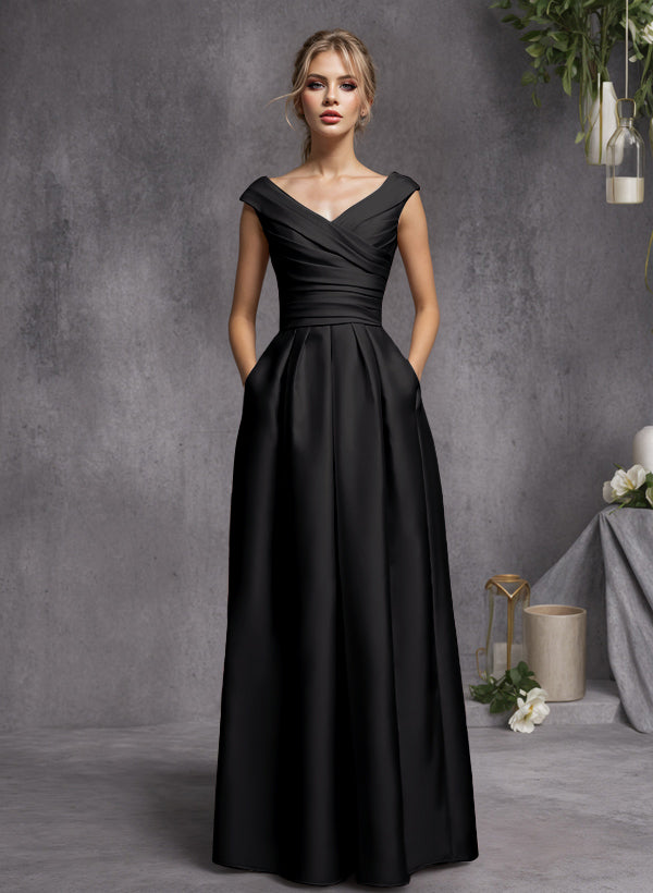 A-Line V-Neck Sleeveless Floor-Length Satin Bridesmaid Dresses With Ruffle