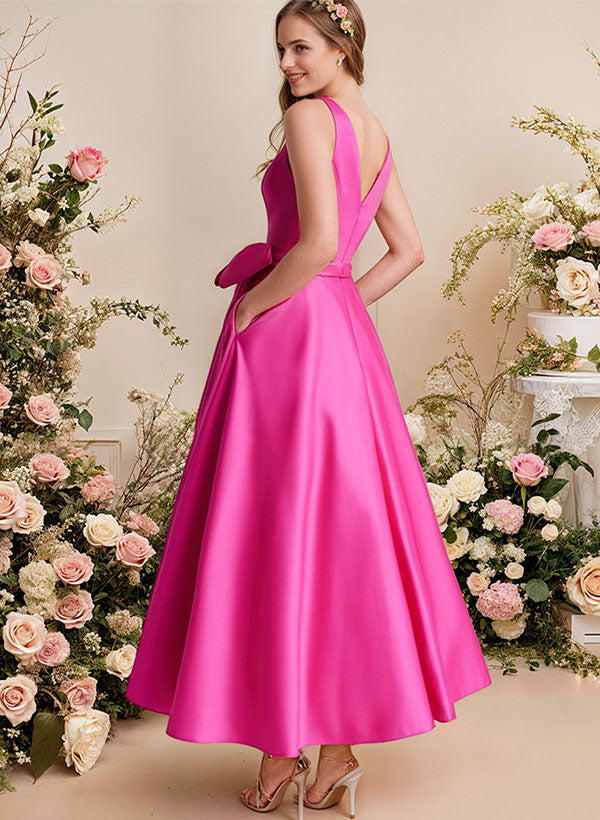 A-Line V-Neck Satin Mother Of The Bride Dresses With Bows and Pockets