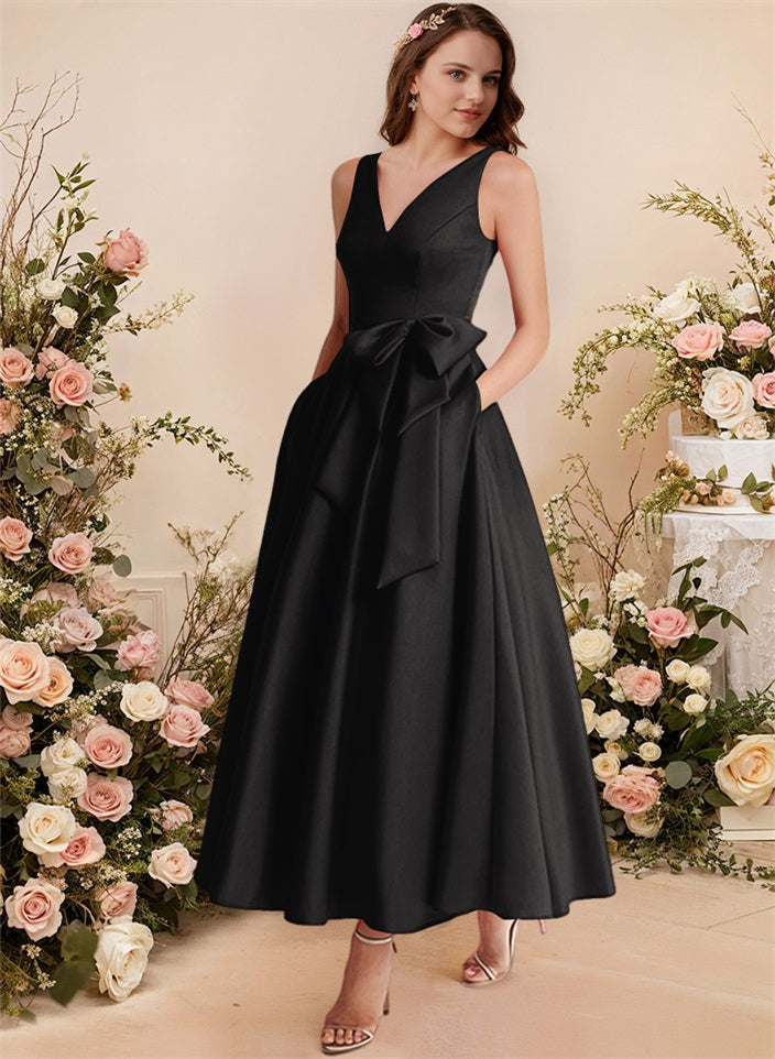 A-Line V-Neck Satin Mother Of The Bride Dresses With Bows and Pockets
