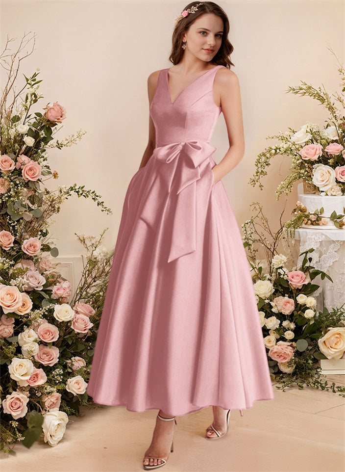 A-Line V-Neck Satin Mother Of The Bride Dresses With Bows and Pockets