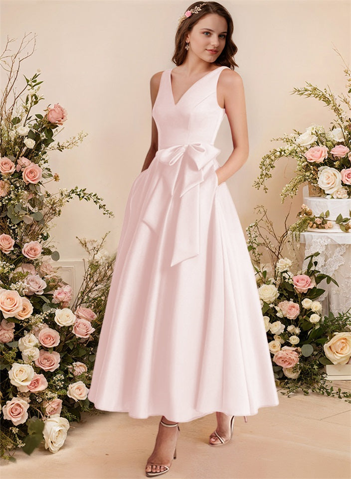 A-Line V-Neck Satin Mother Of The Bride Dresses With Bows and Pockets
