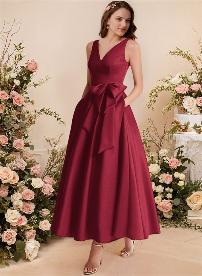 A-Line V-Neck Satin Mother Of The Bride Dresses With Bows and Pockets