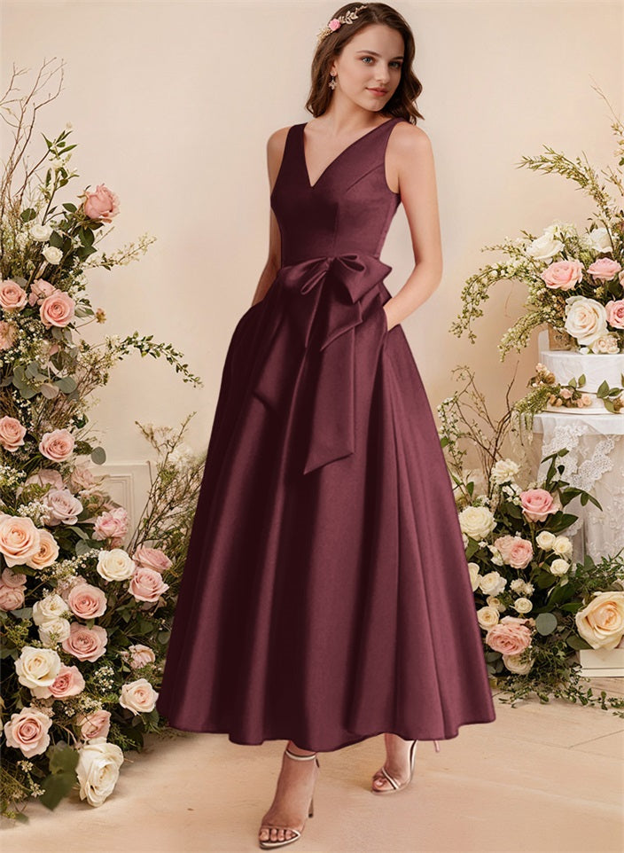 A-Line V-Neck Satin Mother Of The Bride Dresses With Bows and Pockets