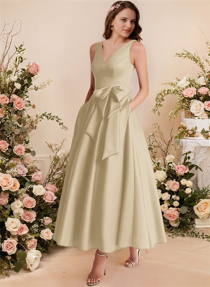 A-Line V-Neck Satin Mother Of The Bride Dresses With Bows and Pockets