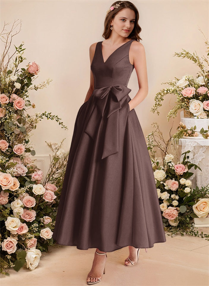 A-Line V-Neck Satin Mother Of The Bride Dresses With Bows and Pockets