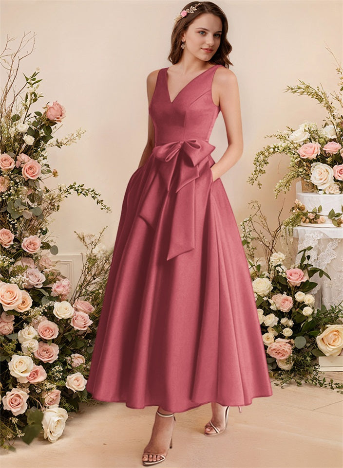 A-Line V-Neck Satin Mother Of The Bride Dresses With Bows and Pockets