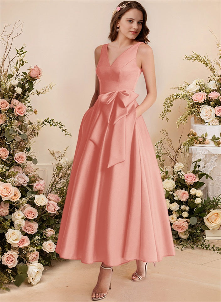 A-Line V-Neck Satin Mother Of The Bride Dresses With Bows and Pockets