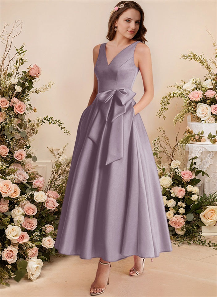 A-Line V-Neck Satin Mother Of The Bride Dresses With Bows and Pockets