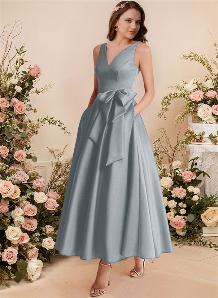 A-Line V-Neck Satin Mother Of The Bride Dresses With Bows and Pockets