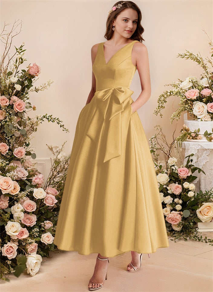 A-Line V-Neck Satin Mother Of The Bride Dresses With Bows and Pockets