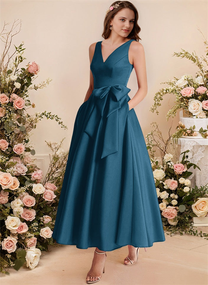 A-Line V-Neck Satin Mother Of The Bride Dresses With Bows and Pockets