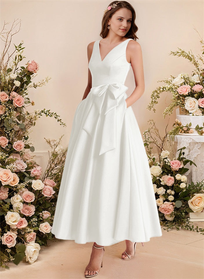 A-Line V-Neck Satin Mother Of The Bride Dresses With Bows and Pockets