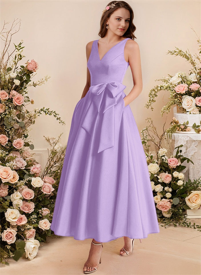 A-Line V-Neck Satin Mother Of The Bride Dresses With Bows and Pockets