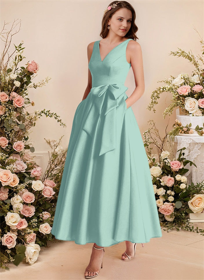 A-Line V-Neck Satin Mother Of The Bride Dresses With Bows and Pockets