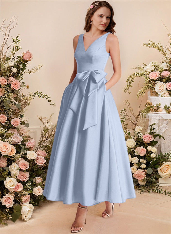 A-Line V-Neck Satin Mother Of The Bride Dresses With Bows and Pockets
