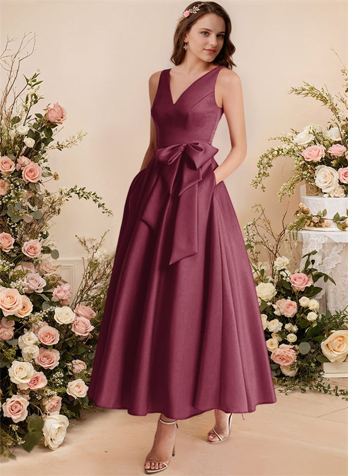 A-Line V-Neck Satin Mother Of The Bride Dresses With Bows and Pockets