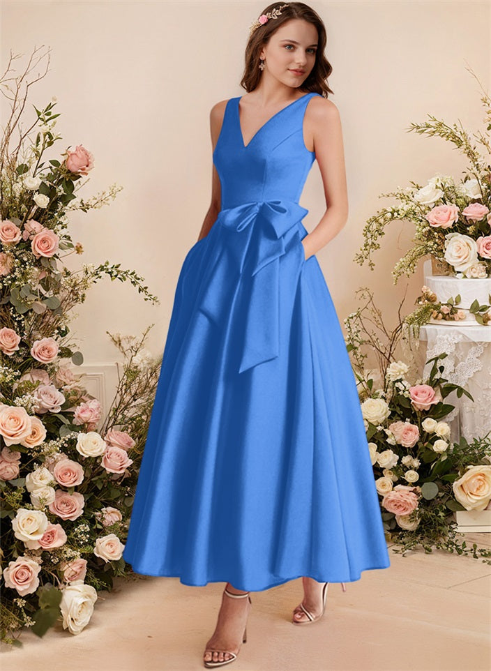 A-Line V-Neck Satin Mother Of The Bride Dresses With Bows and Pockets