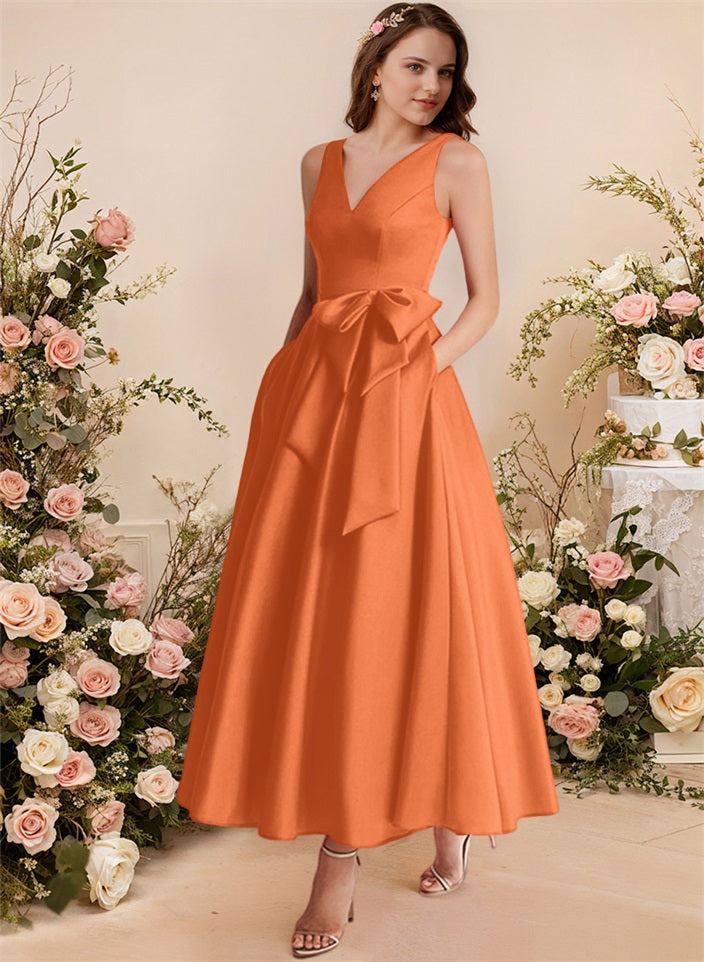 A-Line V-Neck Satin Mother Of The Bride Dresses With Bows and Pockets