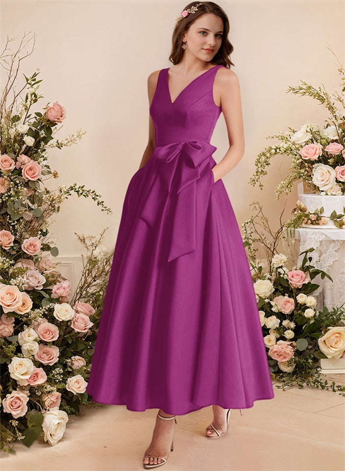 A-Line V-Neck Satin Mother Of The Bride Dresses With Bows and Pockets