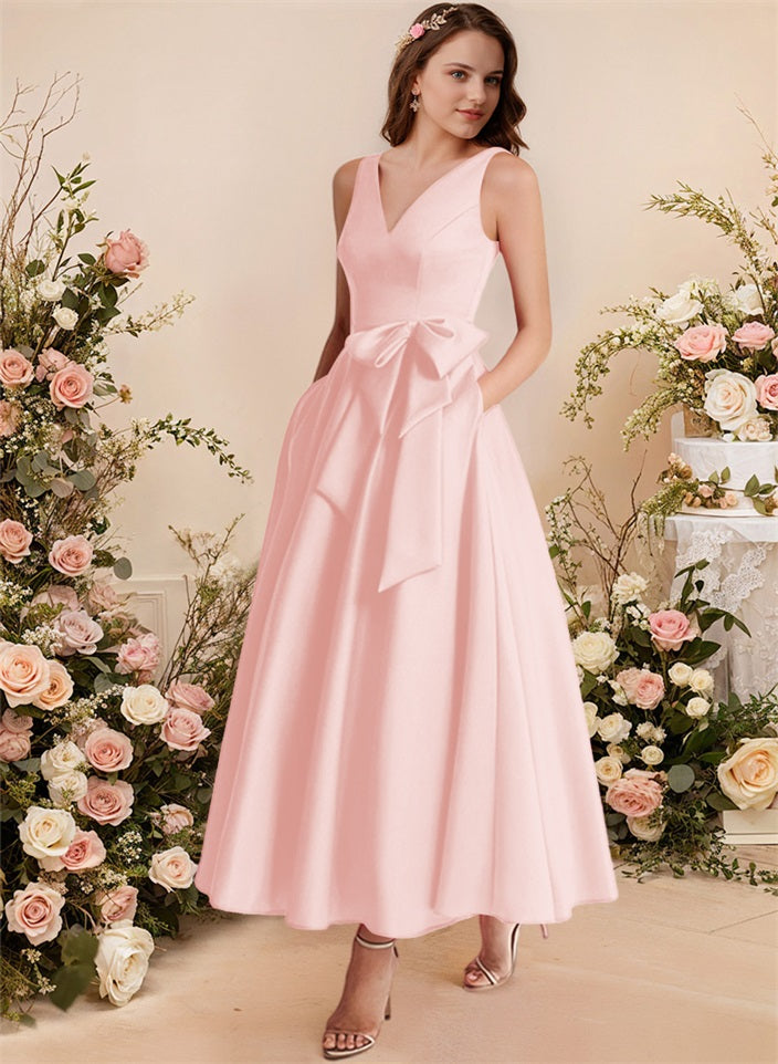 A-Line V-Neck Satin Mother Of The Bride Dresses With Bows and Pockets