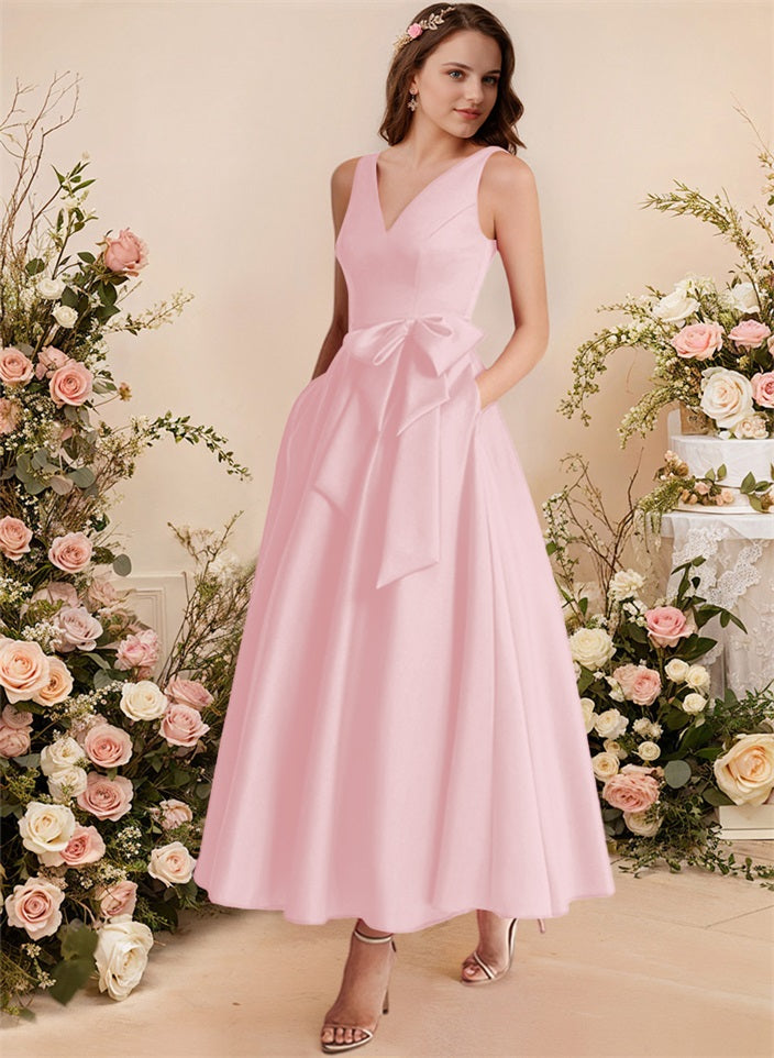 A-Line V-Neck Satin Mother Of The Bride Dresses With Bows and Pockets