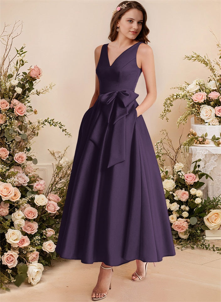 A-Line V-Neck Satin Mother Of The Bride Dresses With Bows and Pockets