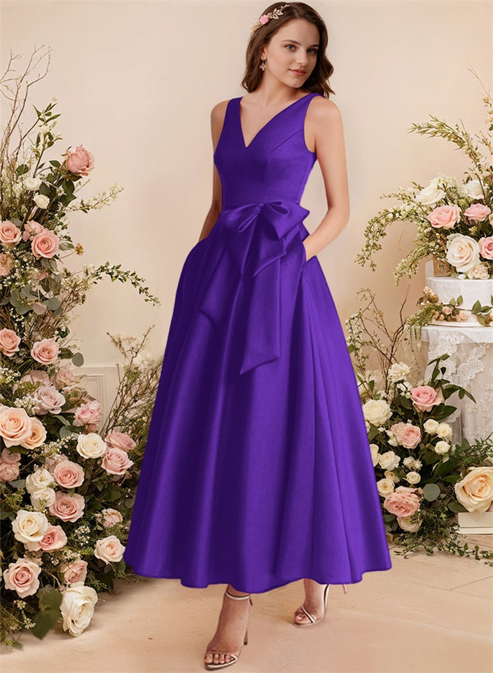 A-Line V-Neck Satin Mother Of The Bride Dresses With Bows and Pockets
