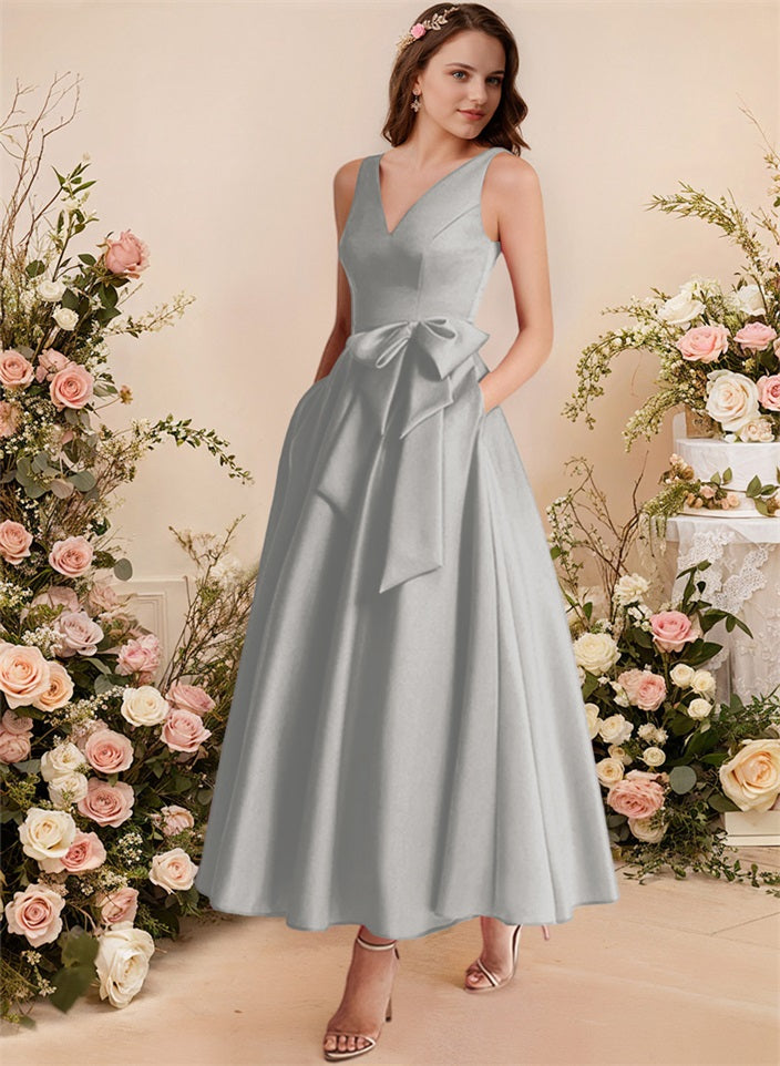 A-Line V-Neck Satin Mother Of The Bride Dresses With Bows and Pockets