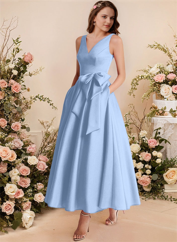 A-Line V-Neck Satin Mother Of The Bride Dresses With Bows and Pockets