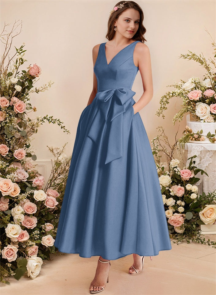 A-Line V-Neck Satin Mother Of The Bride Dresses With Bows and Pockets