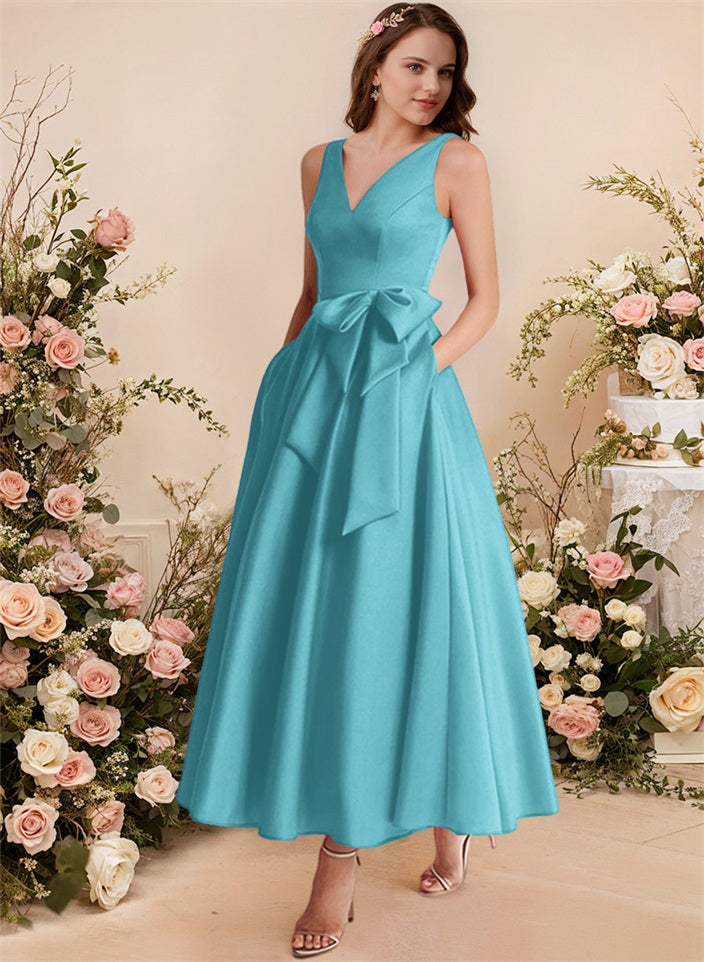 A-Line V-Neck Satin Mother Of The Bride Dresses With Bows and Pockets