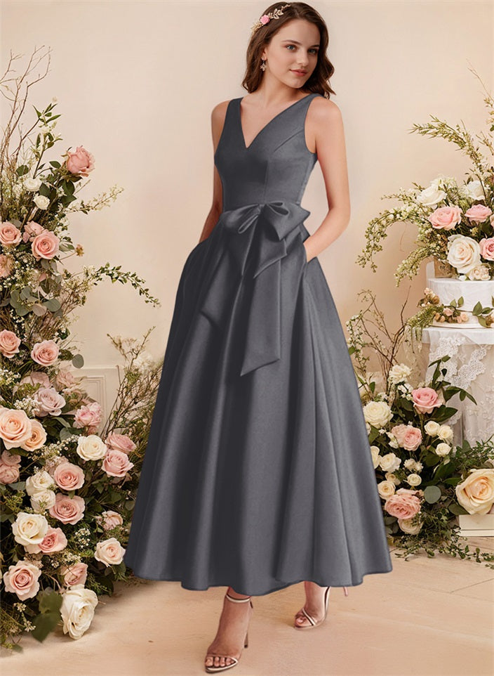 A-Line V-Neck Satin Mother Of The Bride Dresses With Bows and Pockets