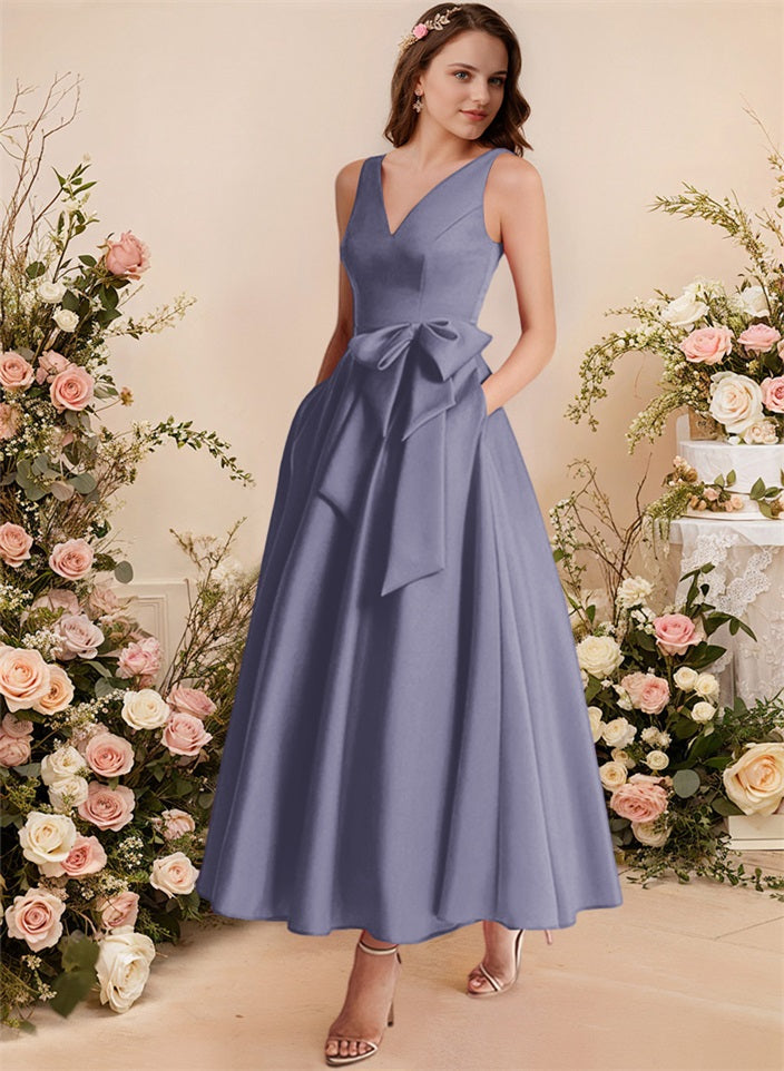 A-Line V-Neck Satin Mother Of The Bride Dresses With Bows and Pockets