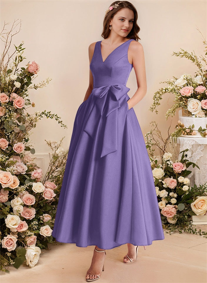 A-Line V-Neck Satin Mother Of The Bride Dresses With Bows and Pockets