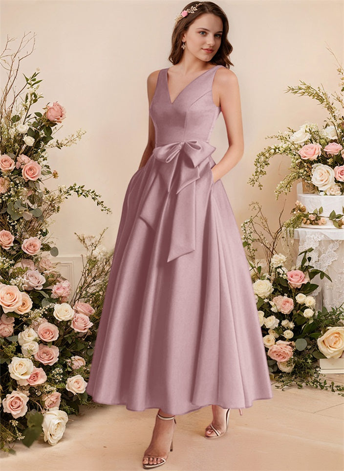 A-Line V-Neck Satin Mother Of The Bride Dresses With Bows and Pockets