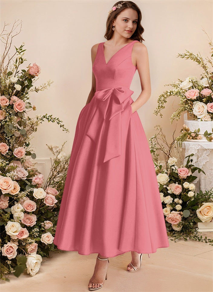 A-Line V-Neck Satin Mother Of The Bride Dresses With Bows and Pockets