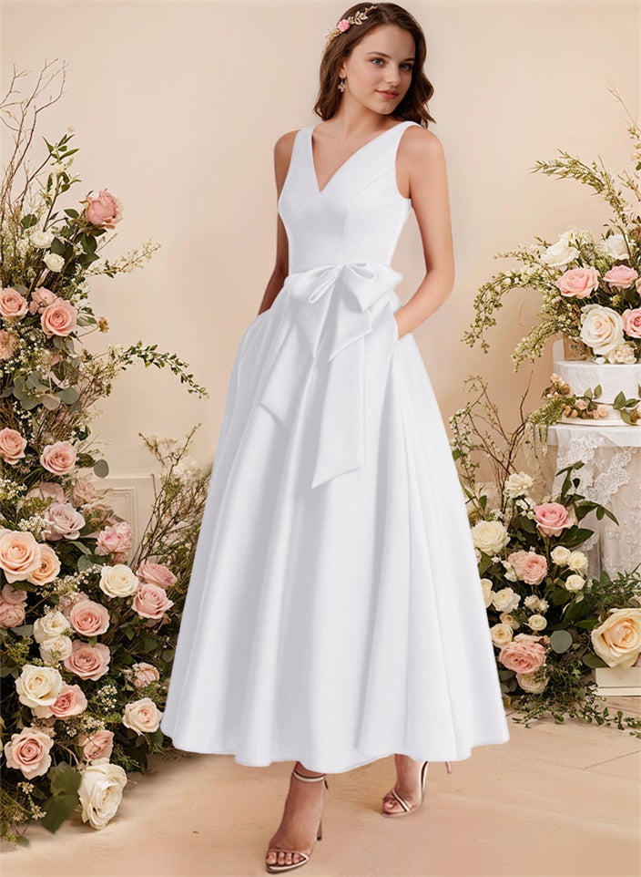 A-Line V-Neck Satin Mother Of The Bride Dresses With Bows and Pockets