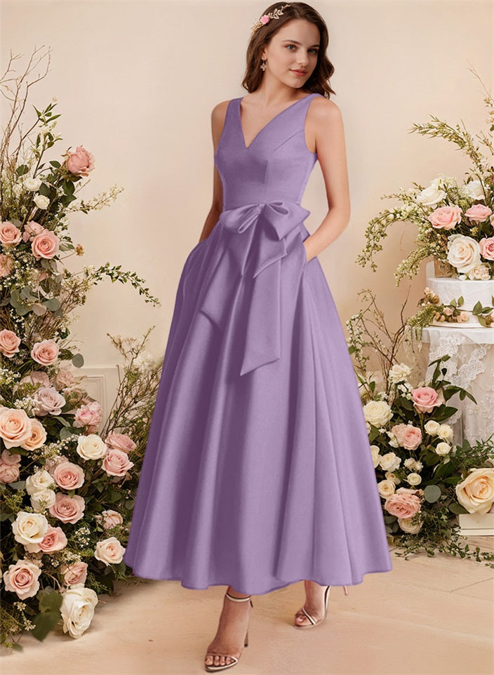 A-Line V-Neck Satin Mother Of The Bride Dresses With Bows and Pockets