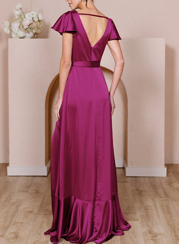 A-Line V-Neck Sleeveless Silk-Like Satin Bridesmaid Dresses With High Split