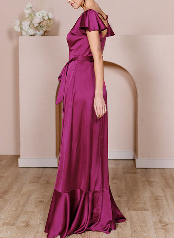 A-Line V-Neck Sleeveless Silk-Like Satin Bridesmaid Dresses With High Split