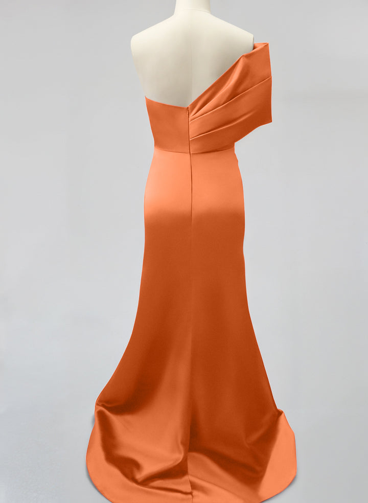 One-Shoulder Sleeveless Sweep Train Satin Bridesmaid Dresses With Front Split