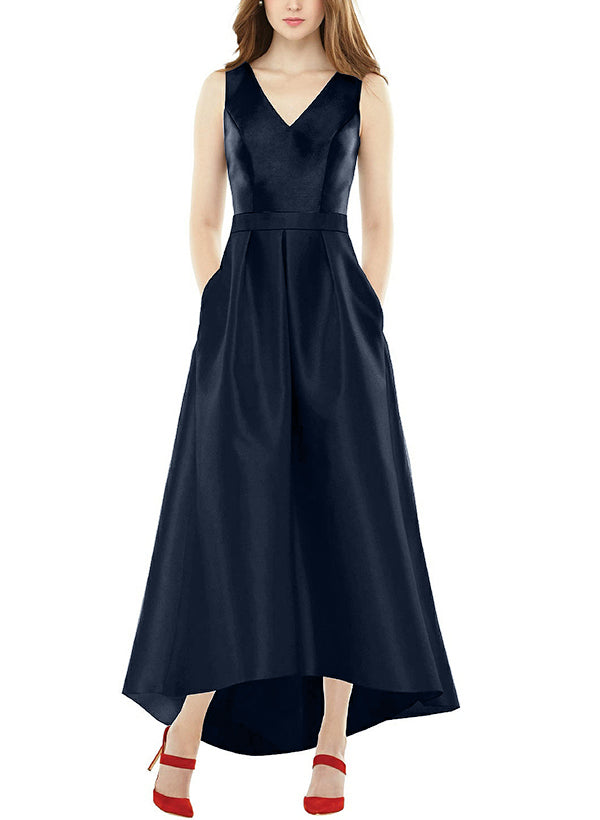 Satin V-Neck Sleeveless A-Line Ankle-Length Bridesmaid Dresses