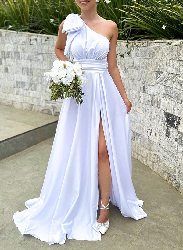One-Shoulder Sleeveless Bridesmaid Dresses in Silk Like Satin with A-Line Shape Split Front and Bow Details