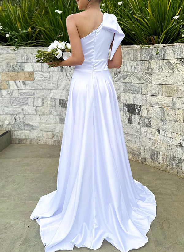 One-Shoulder Sleeveless Bridesmaid Dresses in Silk Like Satin with A-Line Shape Split Front and Bow Details