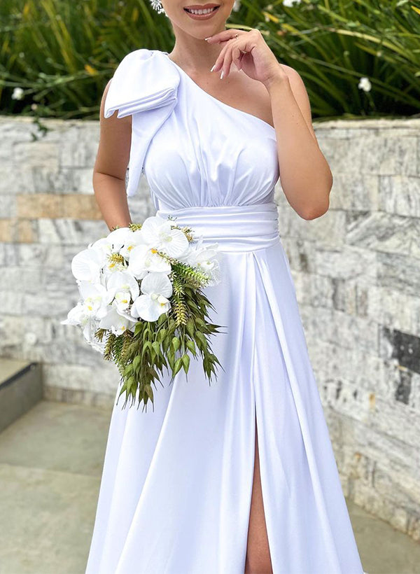 One-Shoulder Sleeveless Bridesmaid Dresses in Silk Like Satin with A-Line Shape Split Front and Bow Details