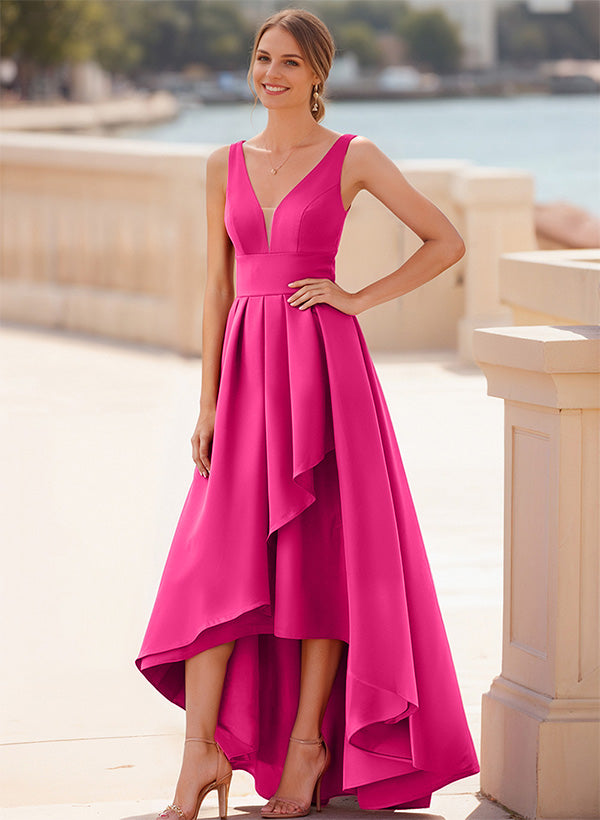 Satin Bridesmaid Dresses with A-Line V-Neck Sleeveless Design and Floor-Length Hem
